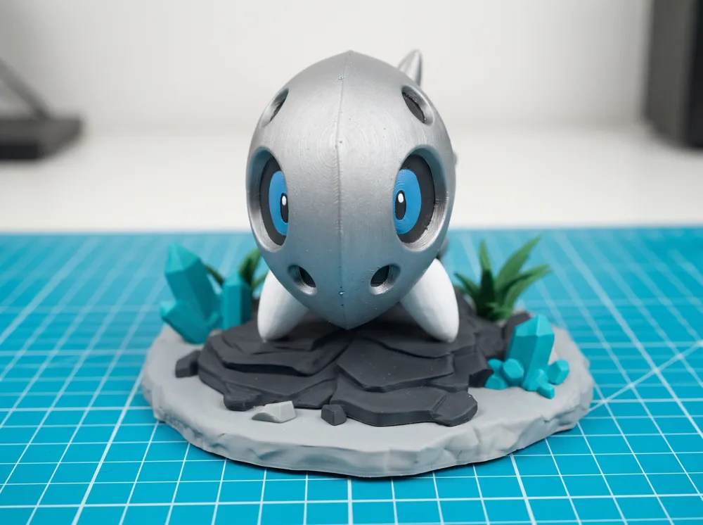 aron-1 Mô hình Aron Pokémon giáp bạc mắt xanh kèm đế đá tinh thể in 3D