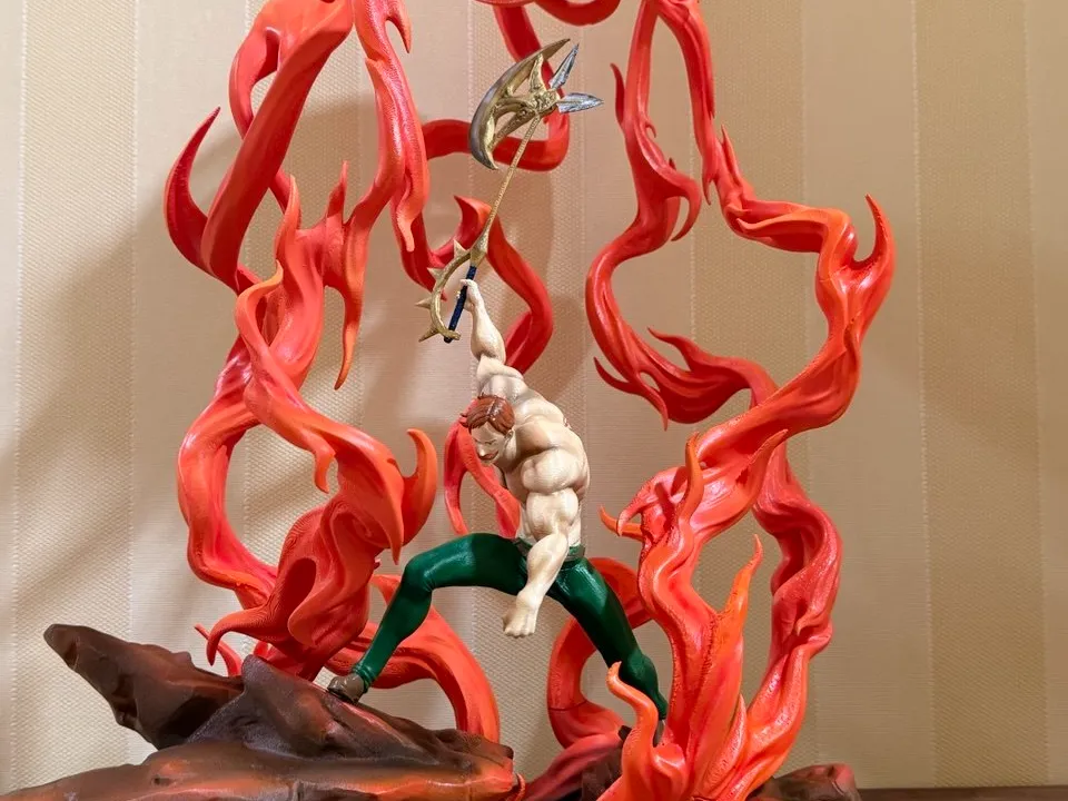 Mô hình Escanor in 3D cao gần 60cm với rìu, bệ đá và hiệu ứng lửa đỏ
