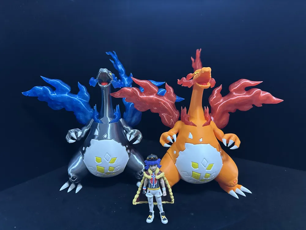 Gigantamax Charizard màu cam bên cạnh bản Shiny và Leon dùng minh họa
