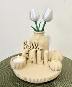 Bộ decor Hello Autumn khay tròn bình hoa bí ngô và chữ hello FALL