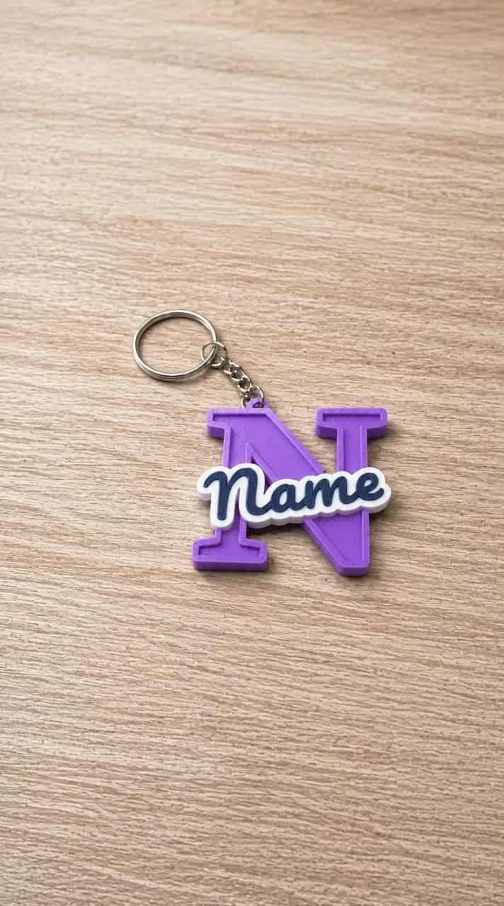 initial-name-2 Móc khóa chữ cái nền tím kèm tên viết tay nhựa PLA