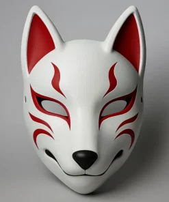 Mặt nạ cáo Kitsune Nhật Bản trắng đỏ đen in 3D