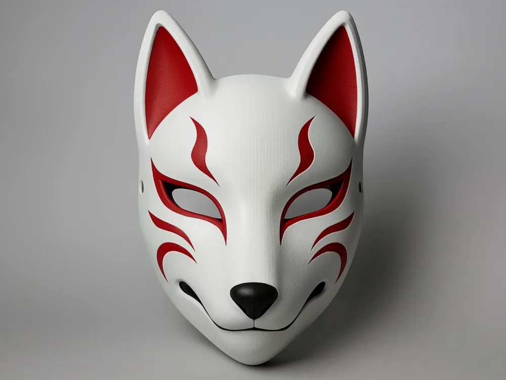 Mặt nạ cáo Kitsune Nhật Bản trắng đỏ đen in 3D
