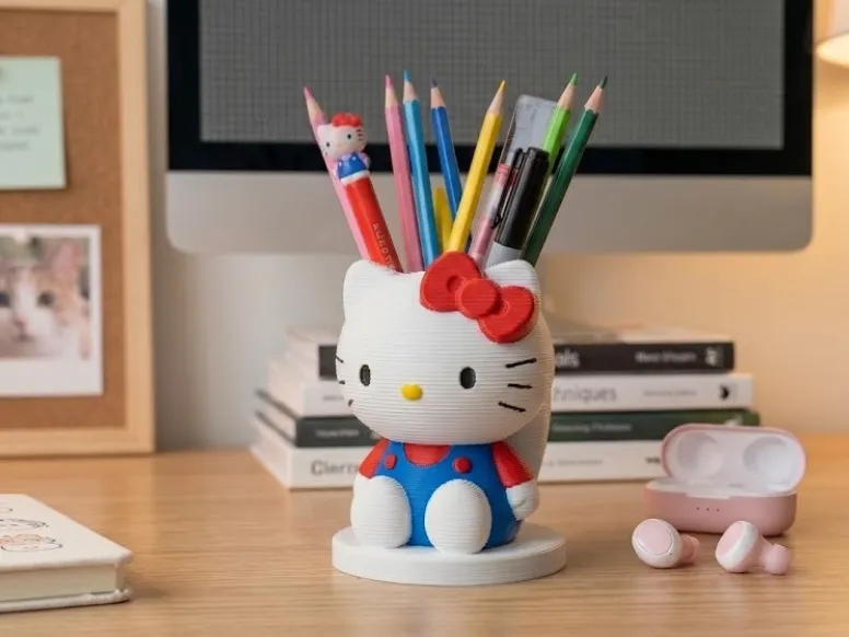 Ống bút Hello Kitty 9cm in 3D trên bàn học