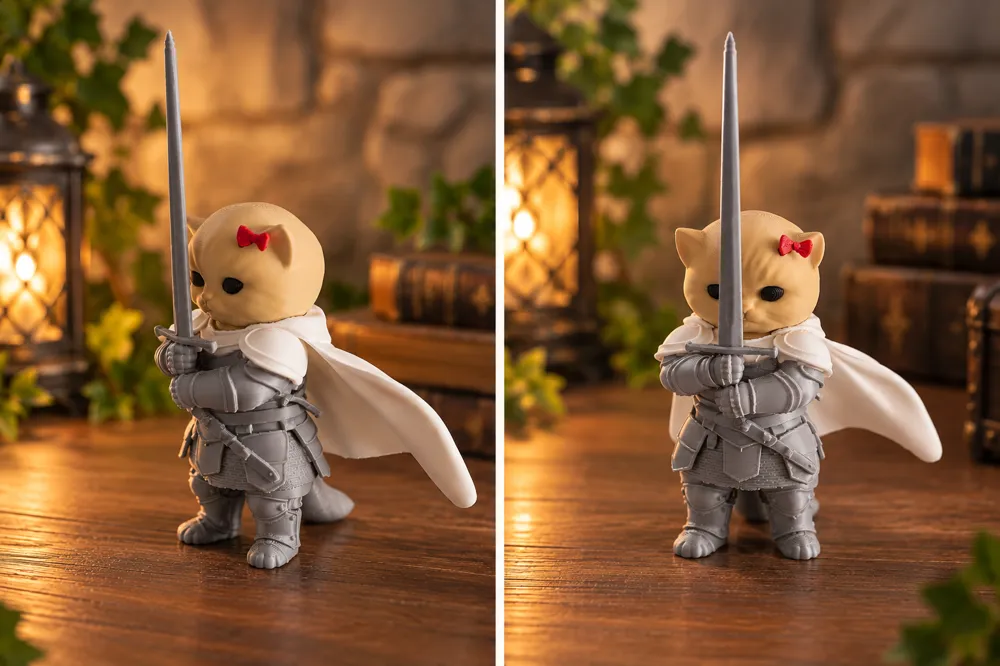 Mèo hiệp sĩ Meme Knight Cat mặc giáp bạc, áo choàng trắng và cầm kiếm