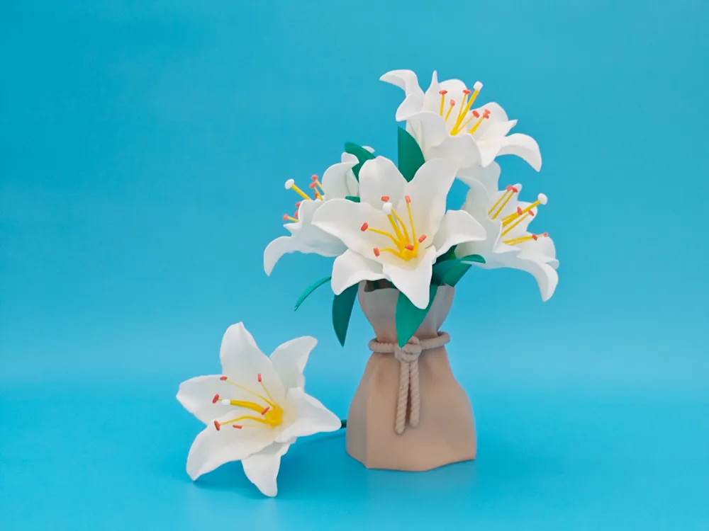 Bình hoa ly trắng Lily in 3D kèm bình dáng túi nhựa PLA