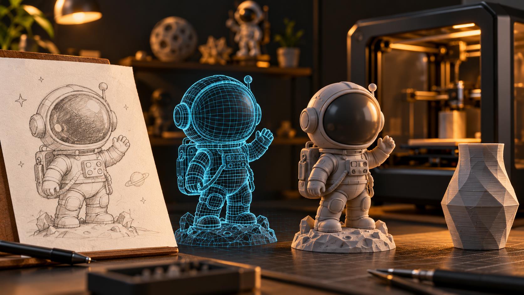 Minh họa từ phác thảo đến mô hình 3D và thành phẩm in resin, cùng sản phẩm FDM