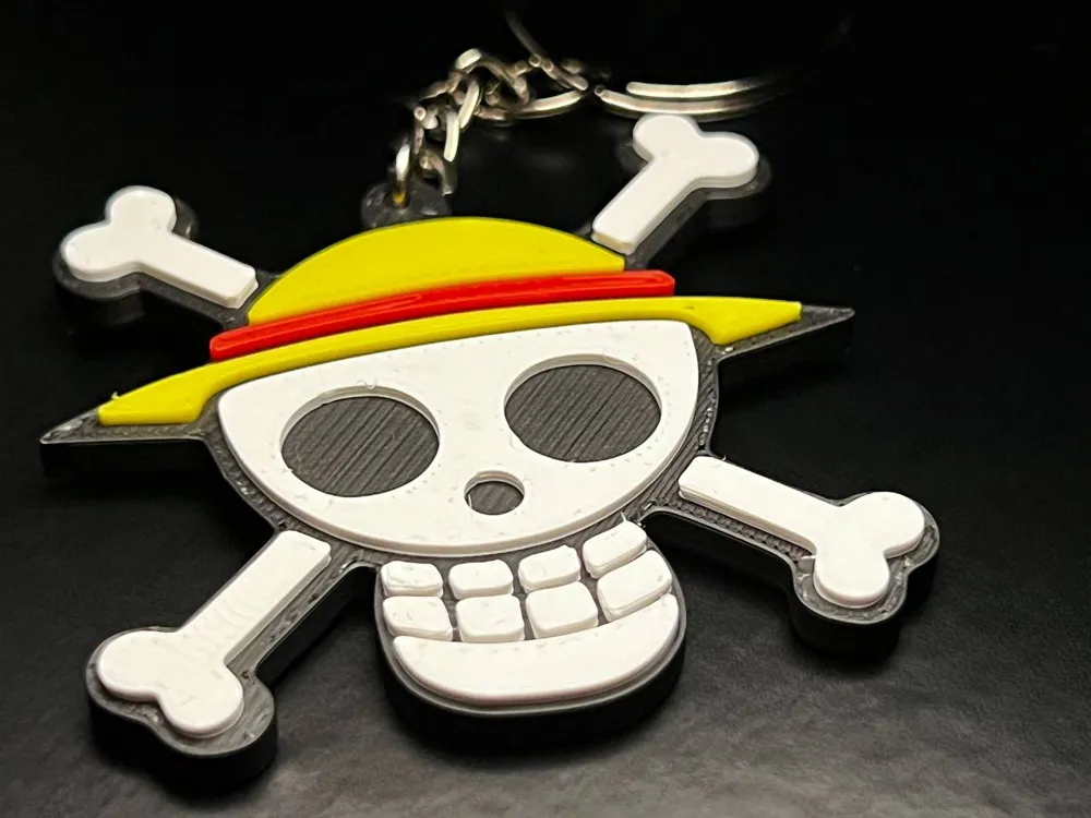 Móc khóa One Piece đầu lâu mũ rơm Luffy in 3D phối bốn màu
