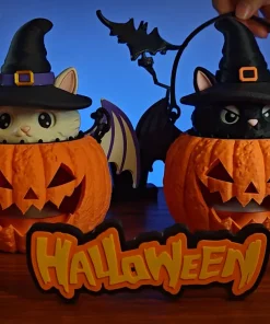 Mèo phù thủy bí ngô Halloween, hai bản màu dùng minh họa