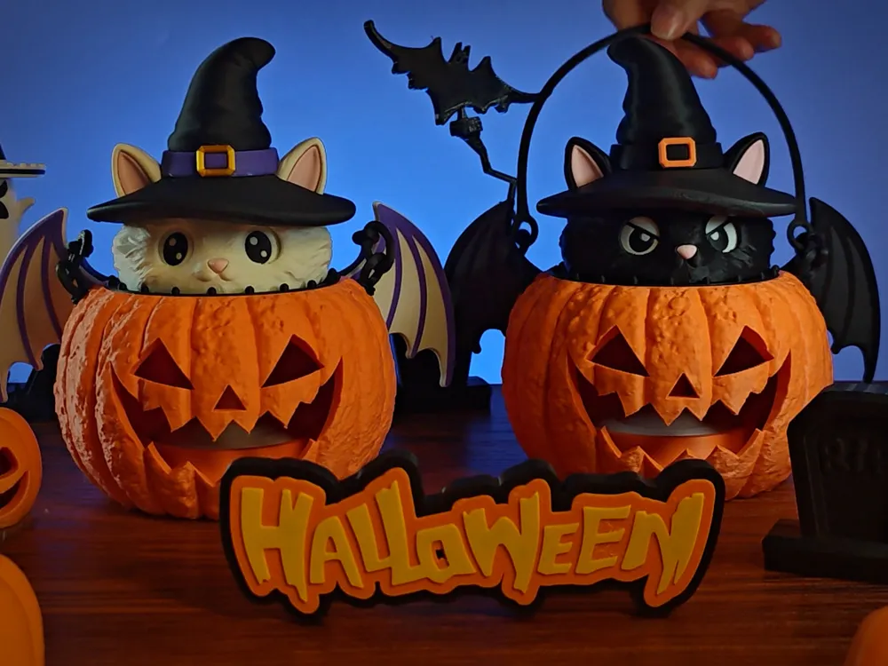 Mèo phù thủy bí ngô Halloween, hai bản màu dùng minh họa