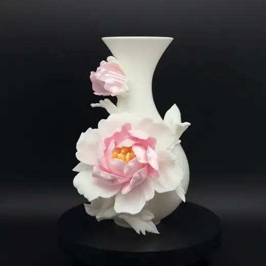 Ảnh động bình hoa mẫu đơn Phú Quý in 3D trắng hồng