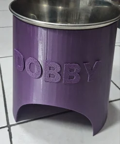 Đế nâng bát chó mèo in 3D màu tím có tên DOBBY, bát inox minh họa