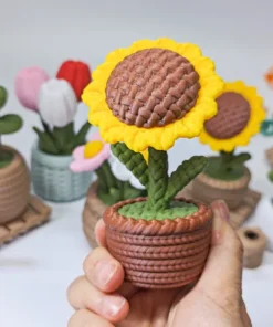 Chậu hoa hướng dương vân len in 3D cánh vàng nhụy nâu