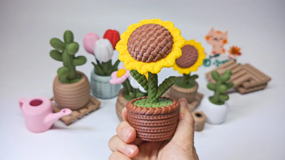 Chậu hoa hướng dương vân len in 3D cánh vàng nhụy nâu