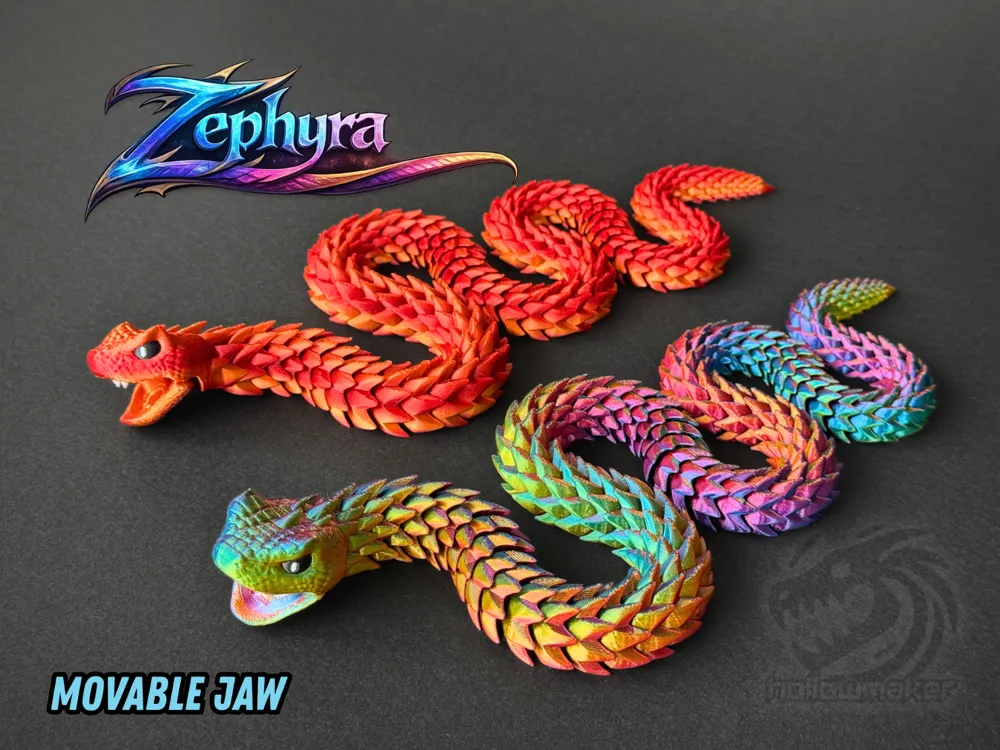 Rắn Zephyra khớp động mở hàm in 3D minh họa các cách phối màu