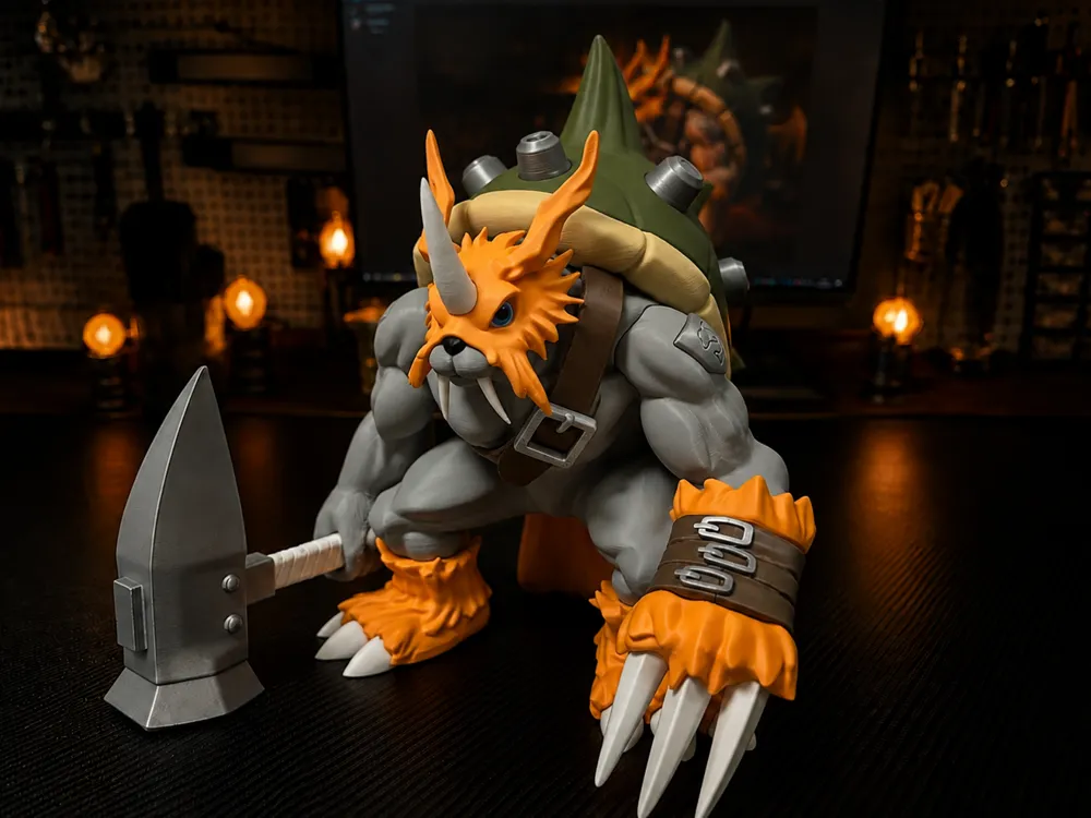 zudomon Mô hình Zudomon Digimon cầm búa lớn, mai xanh và lông cam in 3D